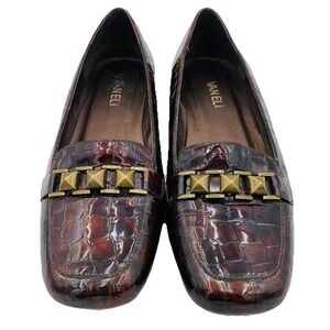 VANELi Loafers Dress Shoes Croc Embossed Brown Patent Studded Buckle 8M Flats
